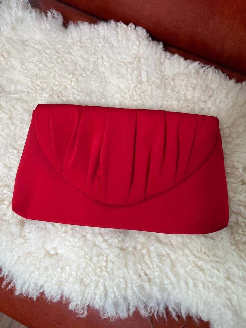 Red Satin Pleated Evening Clutch Chain Strap Formal Cocktail Party Purse